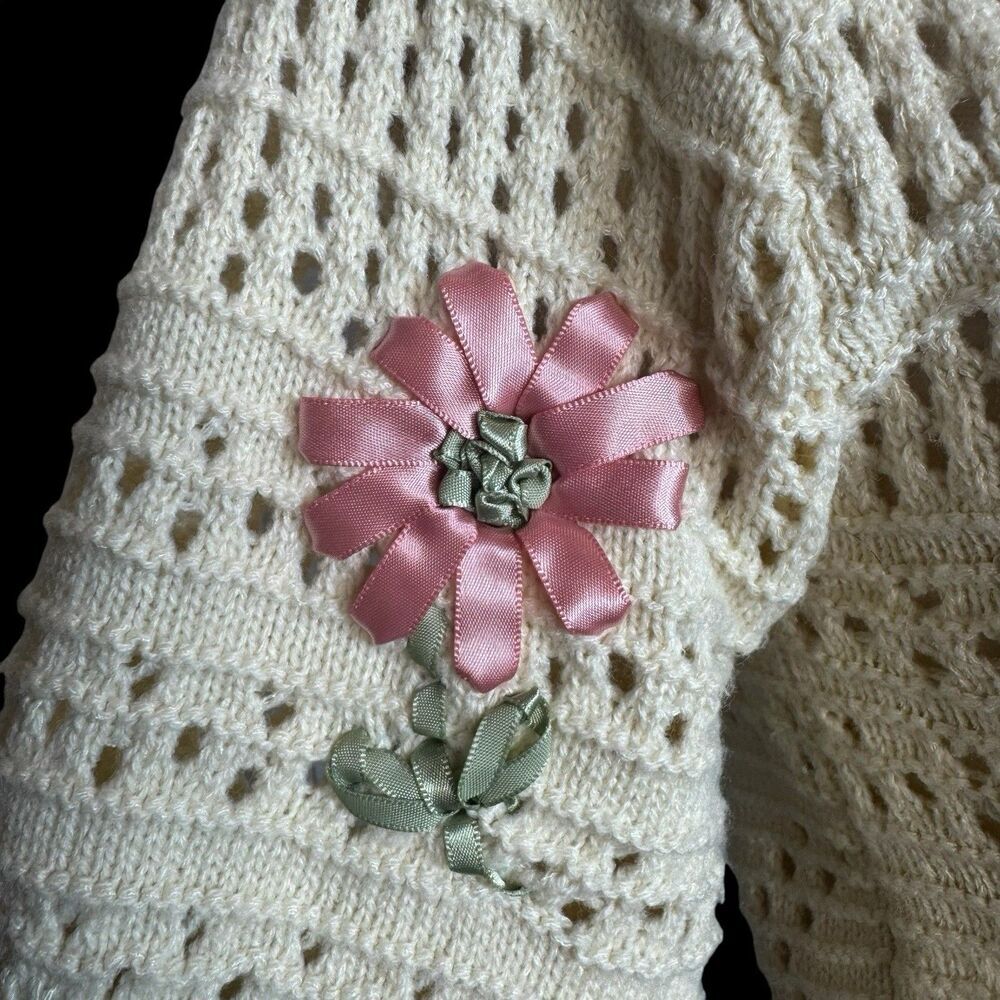 Y2K Open Knit Crochet Polo Sweater Button Up Top Floral Cottage Fairy Peasant - Picture 5 of 7